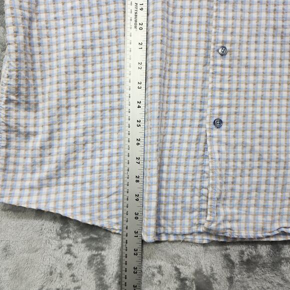 Tasso Elba Shirt Mens XXL 18-18 1/2 Blue White Tan Plaid Long Sleeve Button Up - Picture 10 of 11